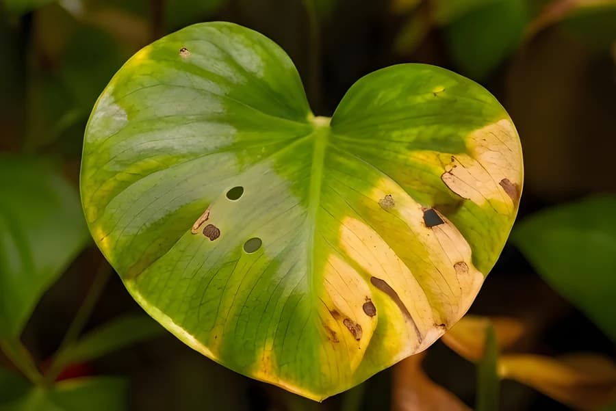 Monstera leaf with yellowing and brown spots